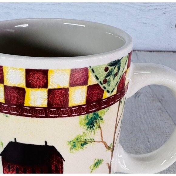 Thomson Pottery COUNTRY HOME Red White Check Farmhouse Tree 10 oz Cup Mugs Set 4 - Picture 12 of 15